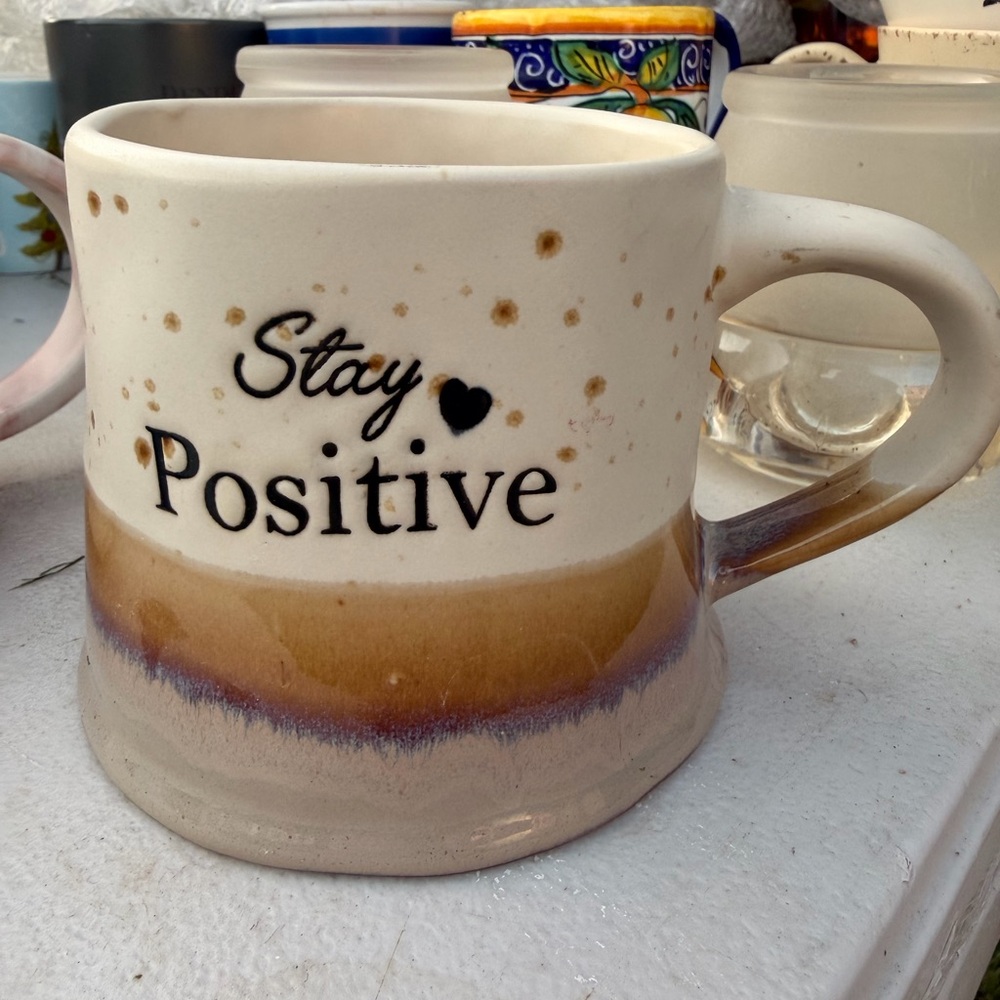 Stay Positive Speckled Ceramic Mug in Cream and Brown